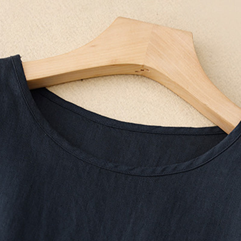 Robe mi-longue décontractée en coton et lin à col ras du cou et lacets, avec poches - image 3