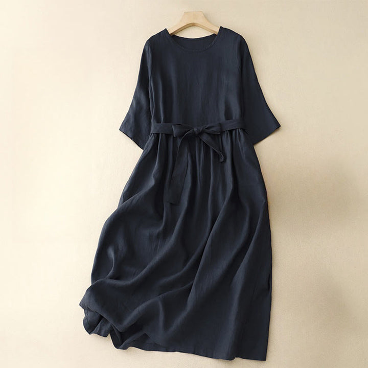 Robe mi-longue décontractée en coton et lin à col ras du cou et lacets, avec poches - image 1