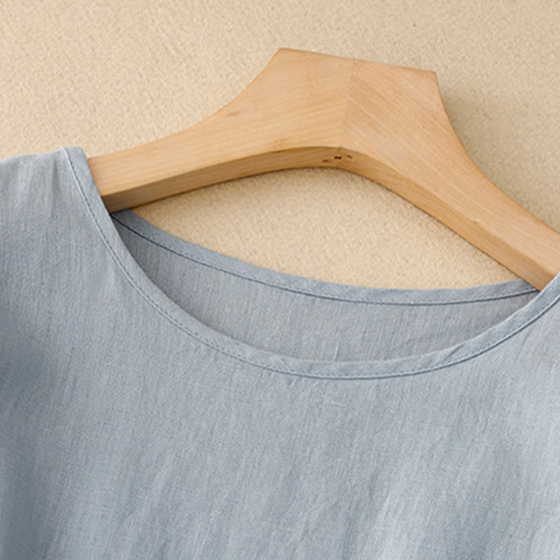 Robe mi-longue décontractée en coton et lin à col ras du cou et lacets, avec poches - image 9