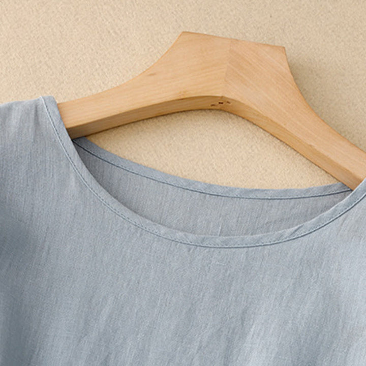 Robe mi-longue décontractée en coton et lin à col ras du cou et lacets, avec poches - image 9