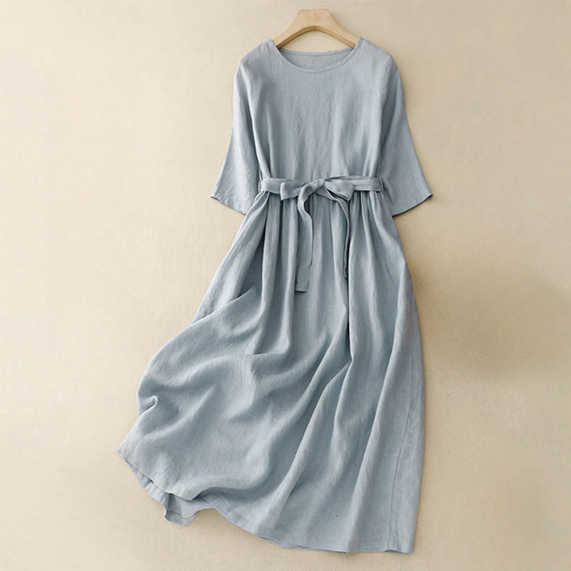 Robe mi-longue décontractée en coton et lin à col ras du cou et lacets, avec poches - Bleu ciel - US8-10，UK/AU12-14，EU40-42 (2XL) - image 7