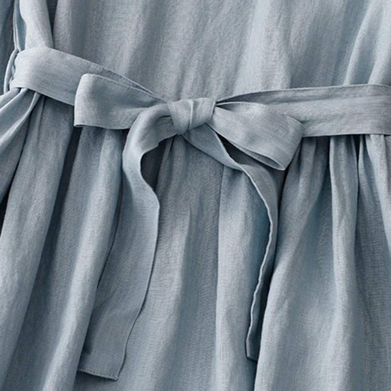 Robe mi-longue décontractée en coton et lin à col ras du cou et lacets, avec poches - image 10