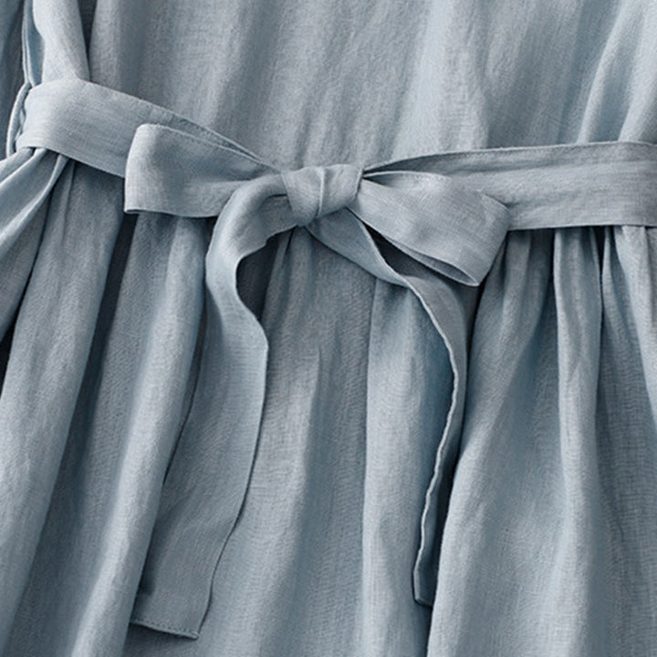 Robe mi-longue décontractée en coton et lin à col ras du cou et lacets, avec poches - image 10