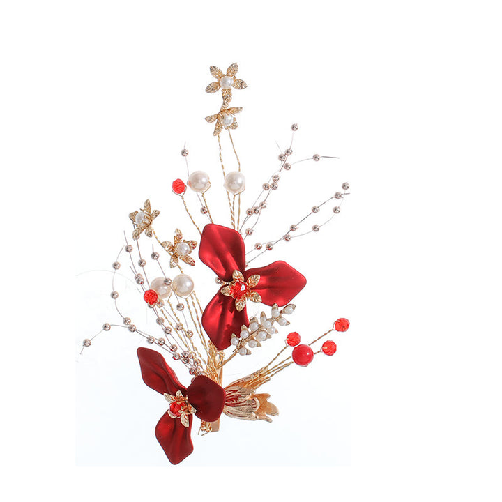 Ensemble de pinces à cheveux en perles et fleurs rouges pour mariage chinois avec Buddha Stones