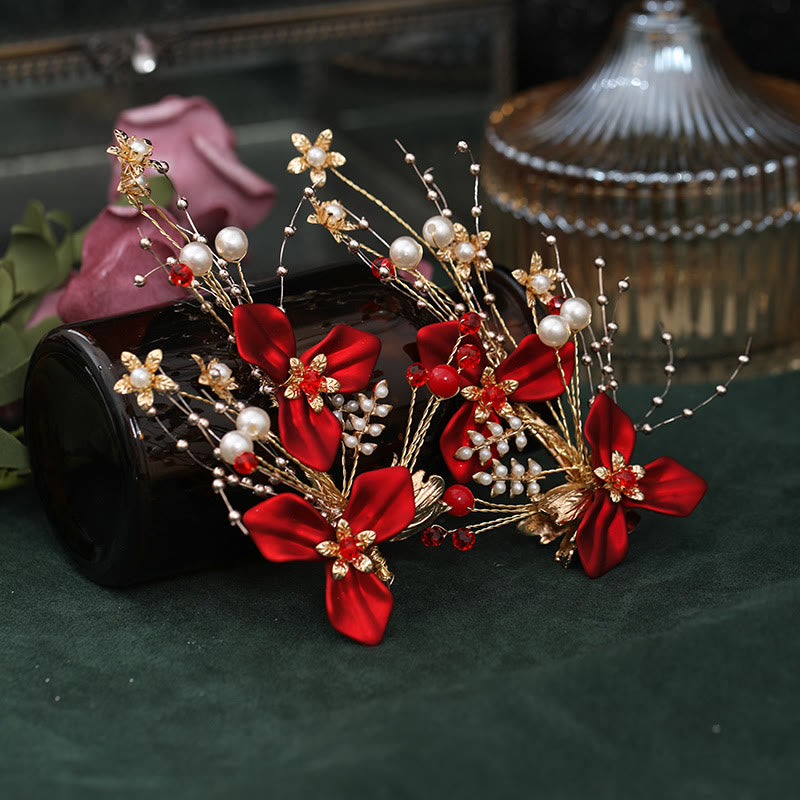 Ensemble de pinces à cheveux en perles et fleurs rouges pour mariage chinois avec Buddha Stones