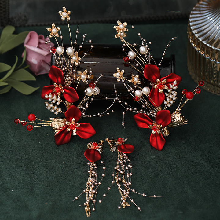 Ensemble de pinces à cheveux en perles et fleurs rouges pour mariage chinois avec Buddha Stones