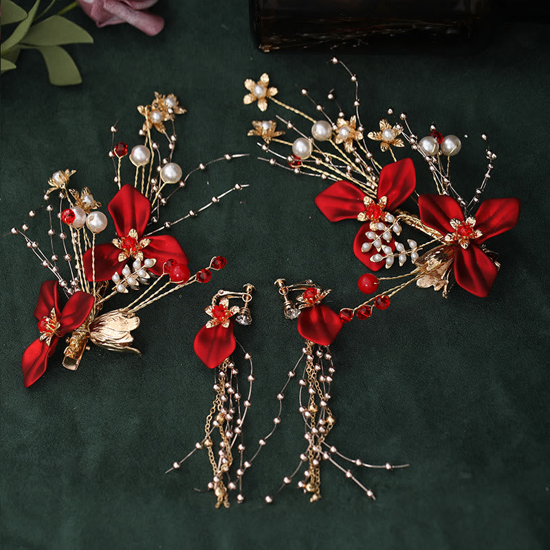 Ensemble de pinces à cheveux en perles et fleurs rouges pour mariage chinois avec Buddha Stones