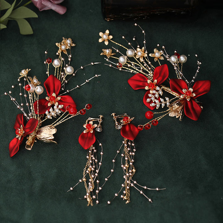 Ensemble de pinces à cheveux en perles et fleurs rouges pour mariage chinois avec Buddha Stones