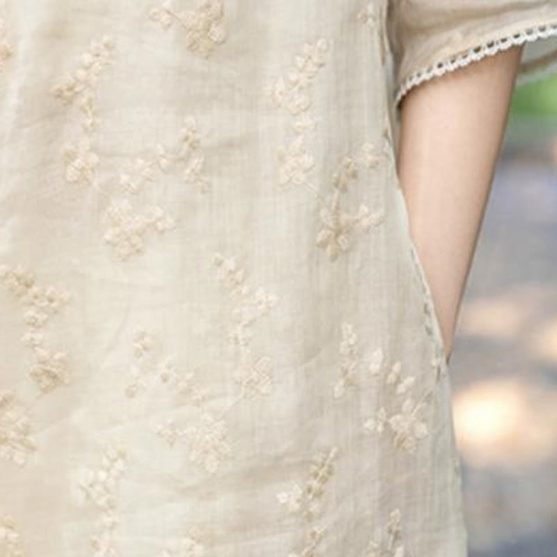 Robe mi - longue décontractée brodée à col oblique et manches mi-longues en ramie avec poches - image 7