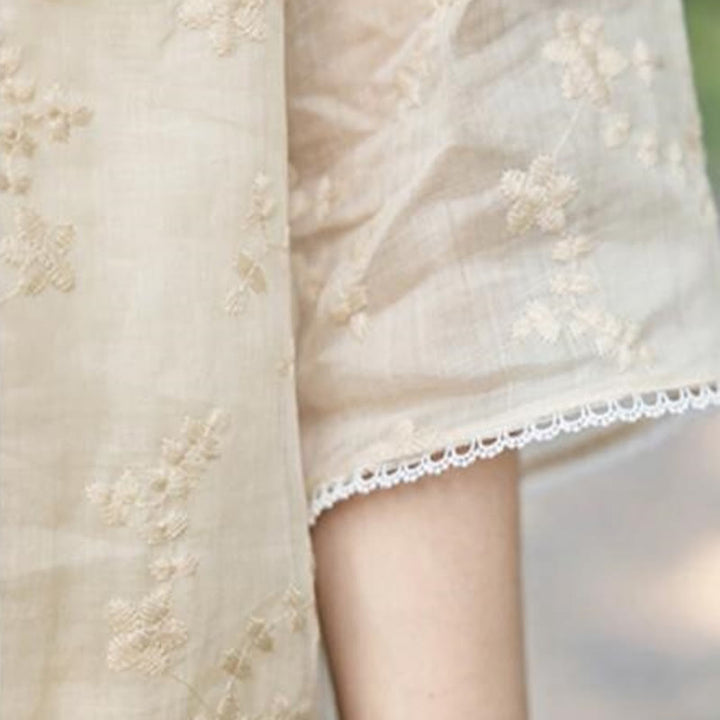 Robe mi - longue décontractée brodée à col oblique et manches mi-longues en ramie avec poches - image 6