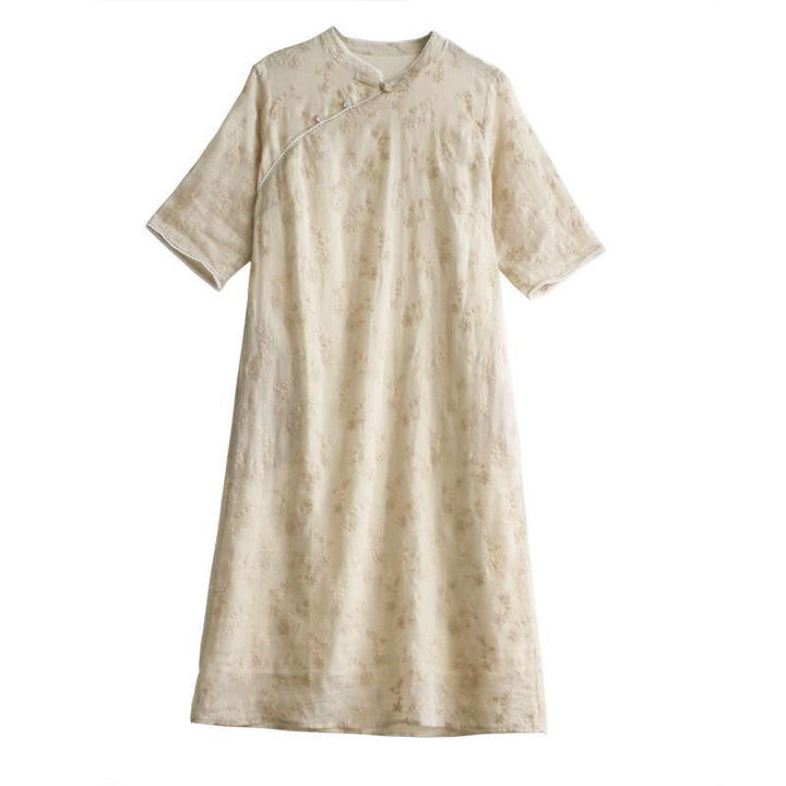 Robe mi - longue décontractée brodée à col oblique et manches mi-longues en ramie avec poches - image 9