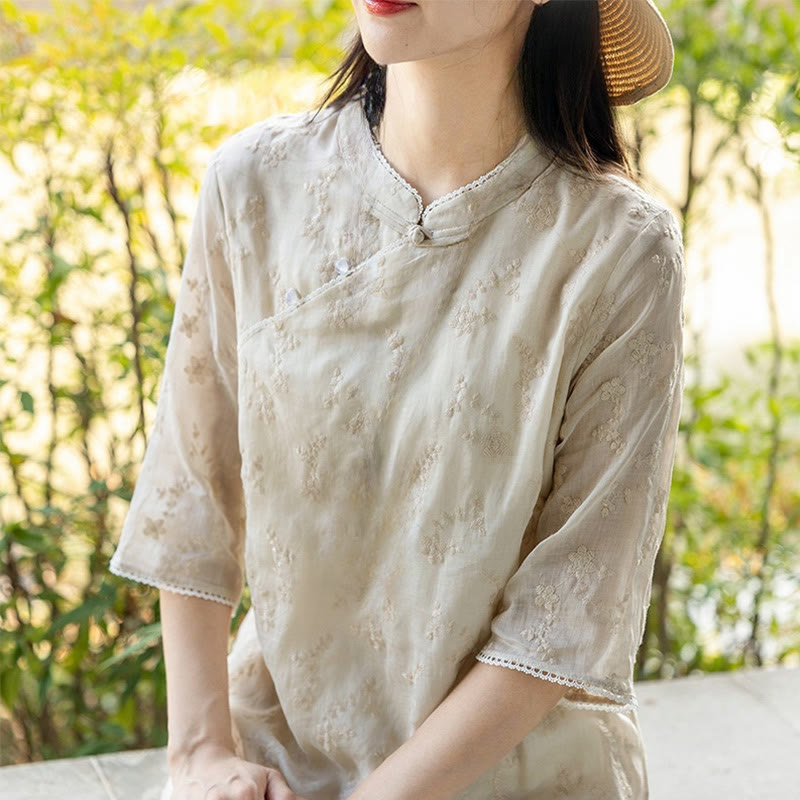 Robe mi - longue décontractée brodée à col oblique et manches mi-longues en ramie avec poches - image 3