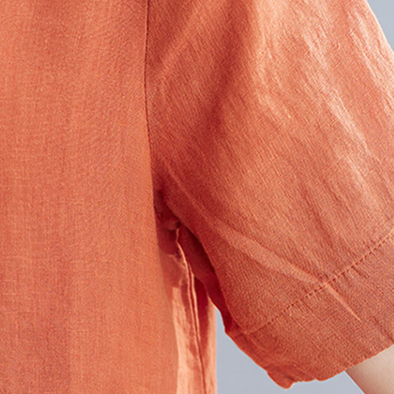 Robe mi-longue décontractée en coton et lin, couleur unie , col ras du cou, manches mi-longues, avec poches - image 18