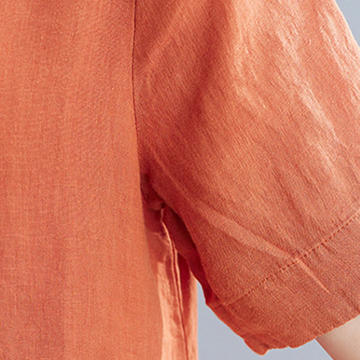 Robe mi-longue décontractée en coton et lin, couleur unie , col ras du cou, manches mi-longues, avec poches - image 18