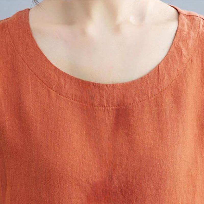 Robe mi-longue décontractée en coton et lin, couleur unie , col ras du cou, manches mi-longues, avec poches - image 20