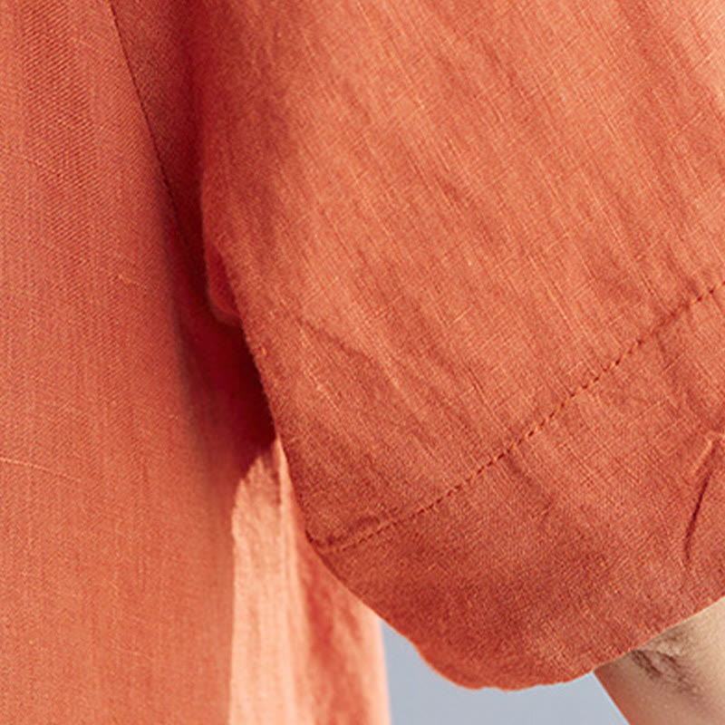 Robe mi-longue décontractée en coton et lin, couleur unie , col ras du cou, manches mi-longues, avec poches - image 21