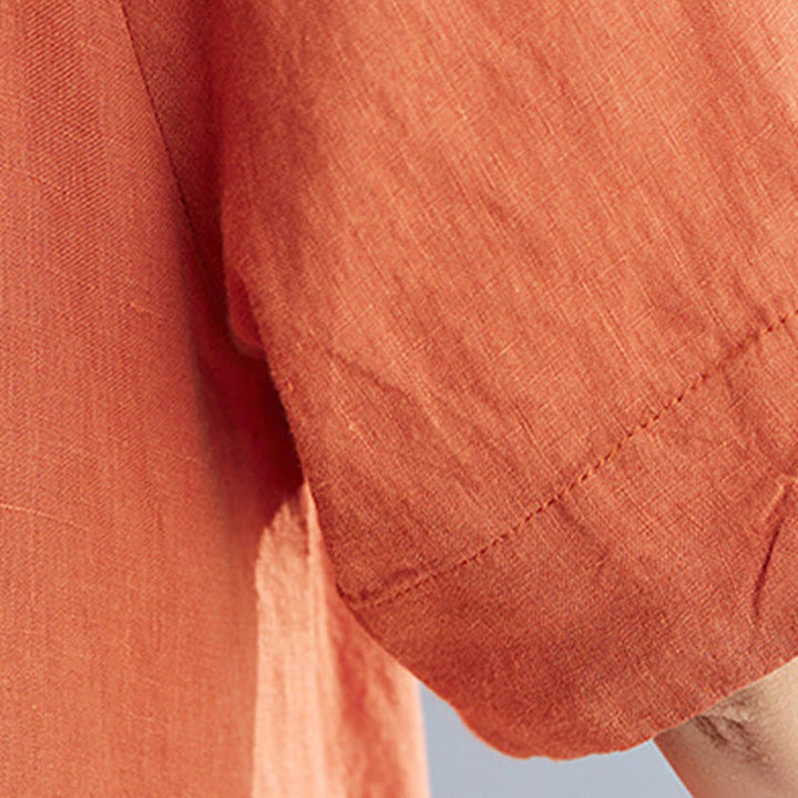 Robe mi-longue décontractée en coton et lin, couleur unie , col ras du cou, manches mi-longues, avec poches - image 21