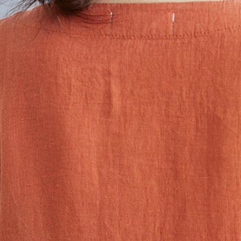 Robe mi-longue décontractée en coton et lin, couleur unie , col ras du cou, manches mi-longues, avec poches - image 19