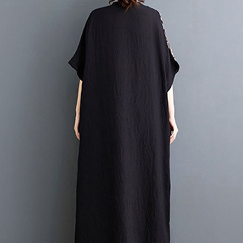 Robe mi-longue décontractée en coton et lin avec imprimé Buddha Stones, col en V, manches mi-longues et poches