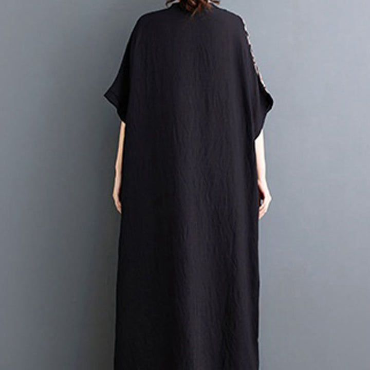 Robe mi-longue décontractée en coton et lin avec imprimé Buddha Stones, col en V, manches mi-longues et poches