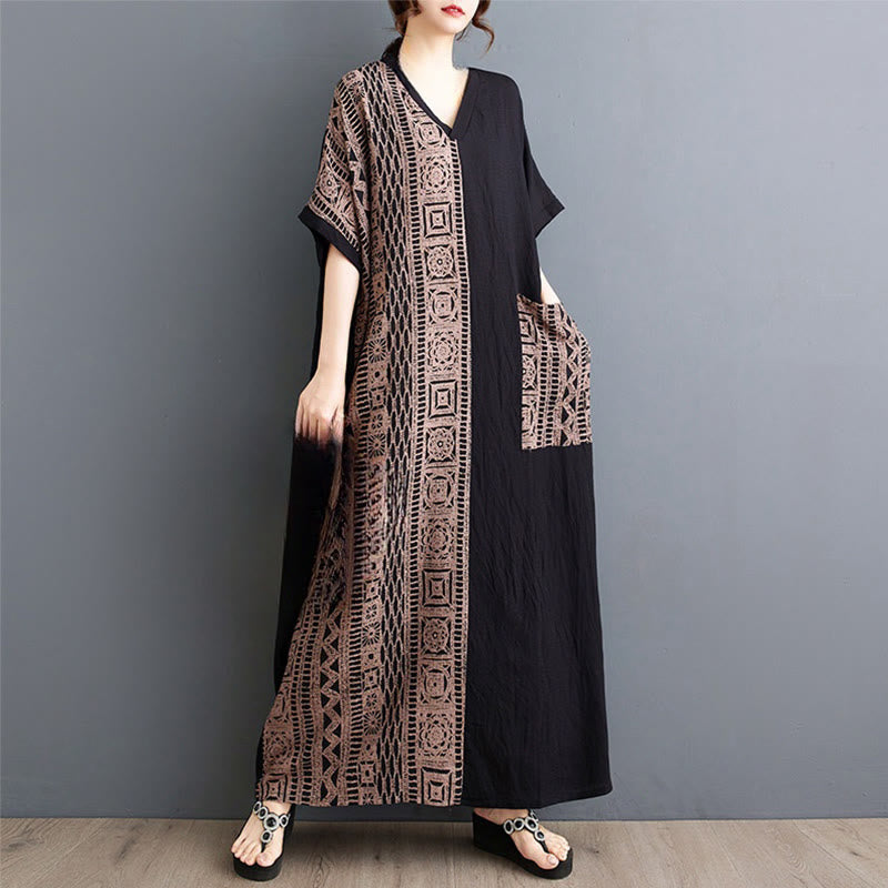 Robe mi-longue décontractée en coton et lin avec imprimé Buddha Stones, col en V, manches mi-longues et poches