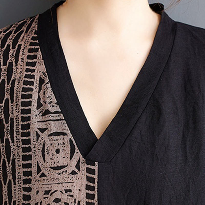 Robe mi-longue décontractée en coton et lin avec imprimé Buddha Stones, col en V, manches mi-longues et poches