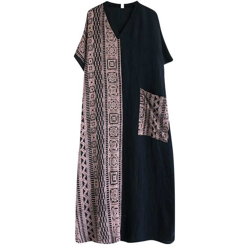 Robe mi-longue décontractée en coton et lin avec imprimé Buddha Stones, col en V, manches mi-longues et poches