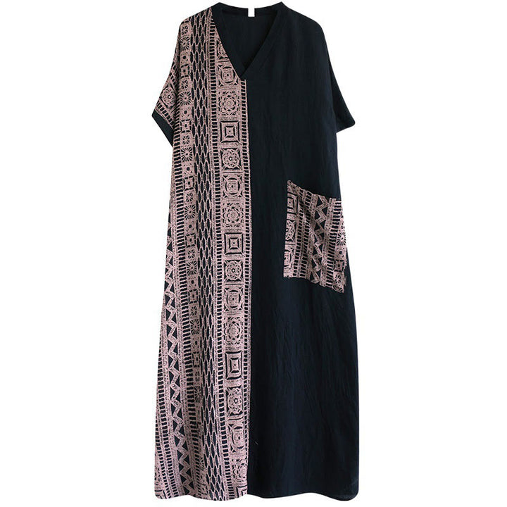 Robe mi-longue décontractée en coton et lin avec imprimé Buddha Stones, col en V, manches mi-longues et poches