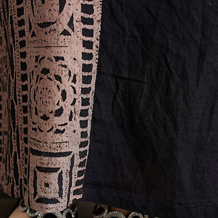 Robe mi-longue décontractée en coton et lin avec imprimé Buddha Stones, col en V, manches mi-longues et poches