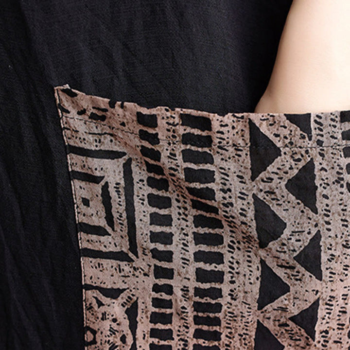 Robe mi-longue décontractée en coton et lin avec imprimé Buddha Stones, col en V, manches mi-longues et poches