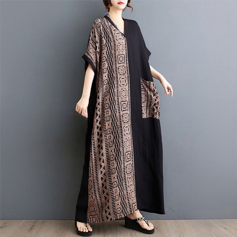 Robe mi-longue décontractée en coton et lin avec imprimé Buddha Stones, col en V, manches mi-longues et poches