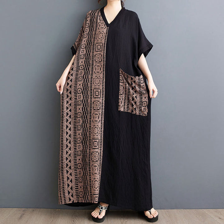 Robe mi-longue décontractée en coton et lin avec imprimé Buddha Stones, col en V, manches mi-longues et poches