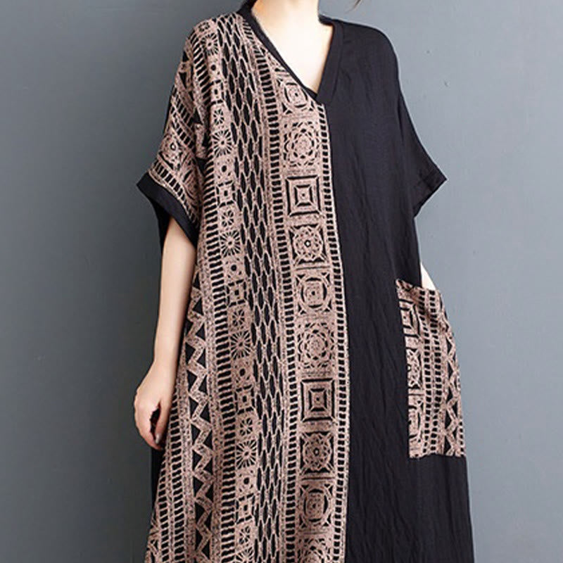 Robe mi-longue décontractée en coton et lin avec imprimé Buddha Stones, col en V, manches mi-longues et poches