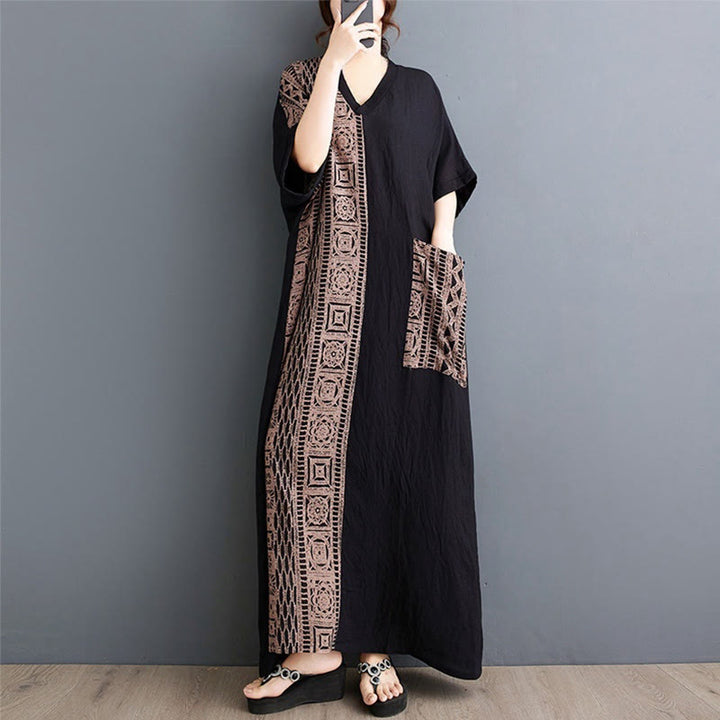 Robe mi-longue décontractée en coton et lin avec imprimé Buddha Stones, col en V, manches mi-longues et poches