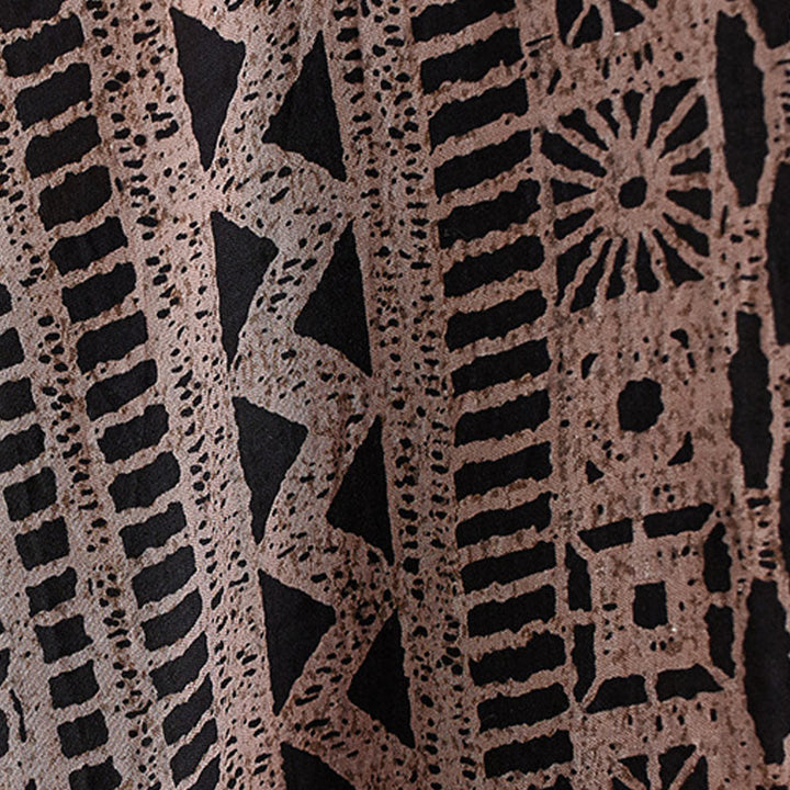 Robe mi-longue décontractée en coton et lin avec imprimé Buddha Stones, col en V, manches mi-longues et poches