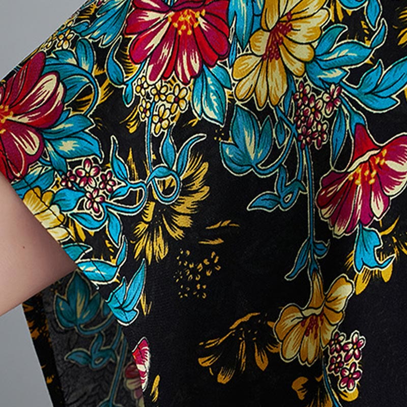 Robe mi-longue décontractée en polyester avec poches et col en V et manches mi-longues, motif floral imprimé Buddha Stones
