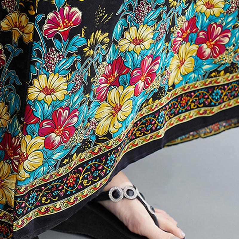 Robe mi-longue décontractée en polyester avec poches et col en V et manches mi-longues, motif floral imprimé Buddha Stones