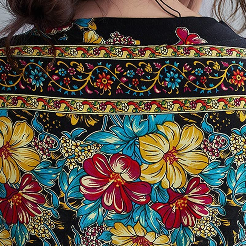 Robe mi-longue décontractée en polyester avec poches et col en V et manches mi-longues, motif floral imprimé Buddha Stones