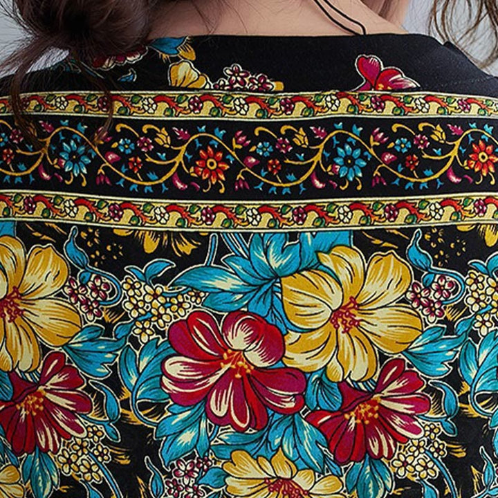Robe mi-longue décontractée en polyester avec poches et col en V et manches mi-longues, motif floral imprimé Buddha Stones