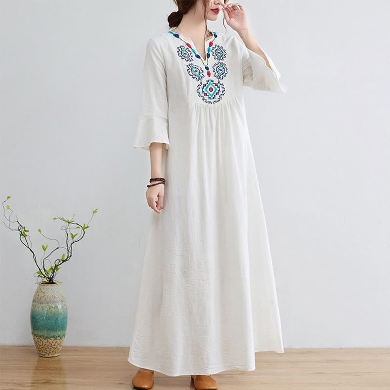 Robe mi-longue décontractée en coton et lin avec motif floral brodé Buddha Stones, col en V, manches trois-quarts - Neige - US8-10，UK/AU12-14，EU40-42 (2XL) - image 1