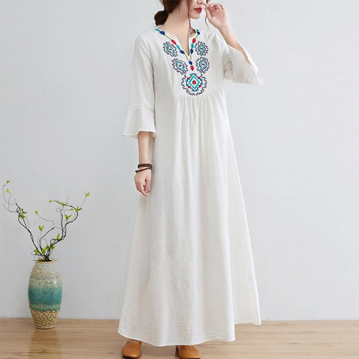Robe mi-longue décontractée en coton et lin avec motif floral brodé Buddha Stones, col en V, manches trois-quarts - Neige - US8-10，UK/AU12-14，EU40-42 (2XL) - image 1
