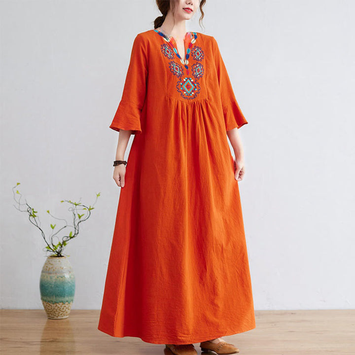 Robe mi-longue décontractée en coton et lin avec motif floral brodé Buddha Stones, col en V, manches trois-quarts - Corail - US8-10，UK/AU12-14，EU40-42 (2XL) - image 9