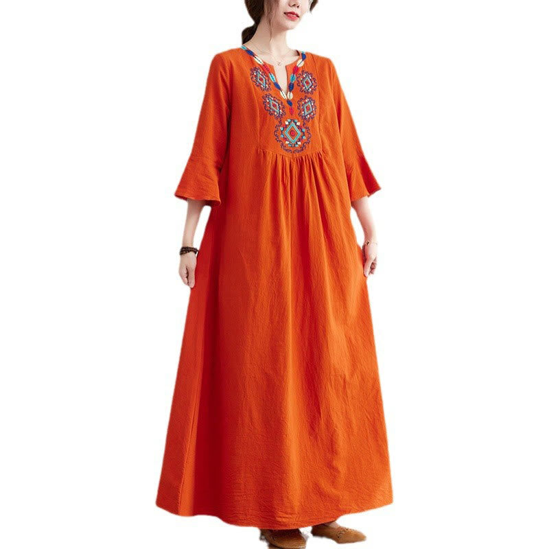 Robe mi-longue décontractée en coton et lin avec motif floral brodé Buddha Stones, col en V, manches trois-quarts - image 12
