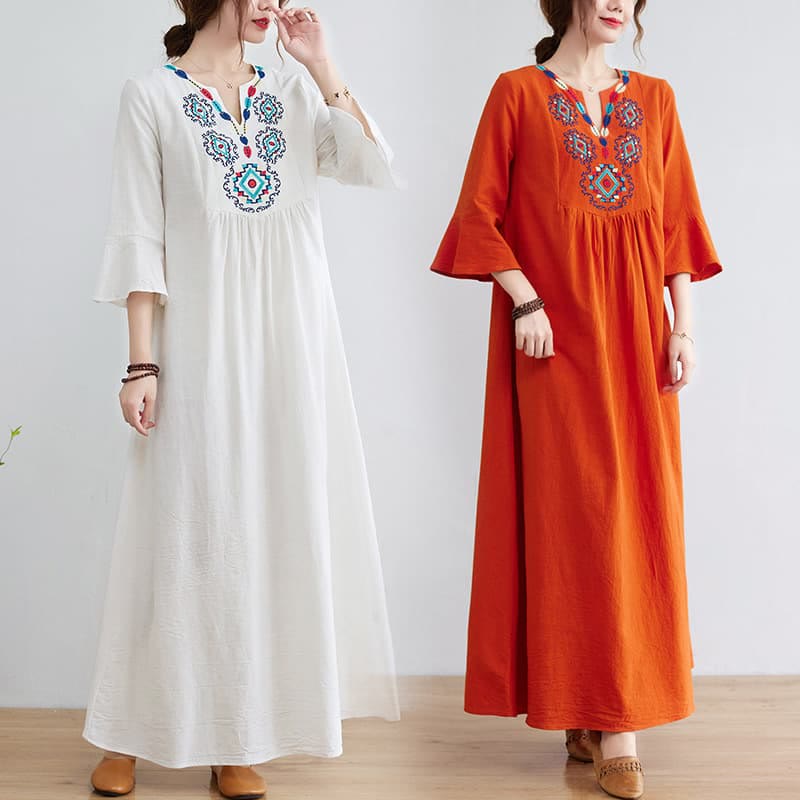 Robe mi-longue décontractée en coton et lin avec motif floral brodé Buddha Stones, col en V, manches trois-quarts - image 0