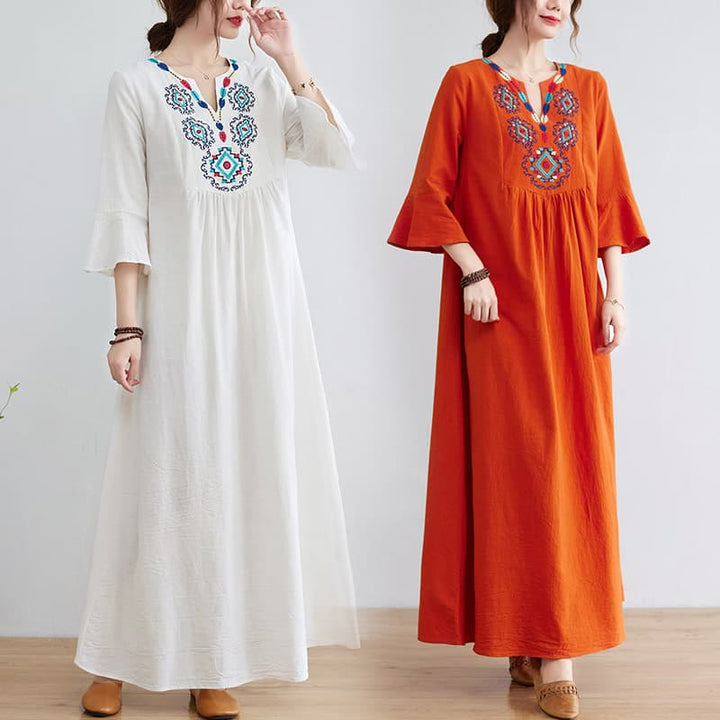 Robe mi-longue décontractée en coton et lin avec motif floral brodé Buddha Stones, col en V, manches trois-quarts - image 0