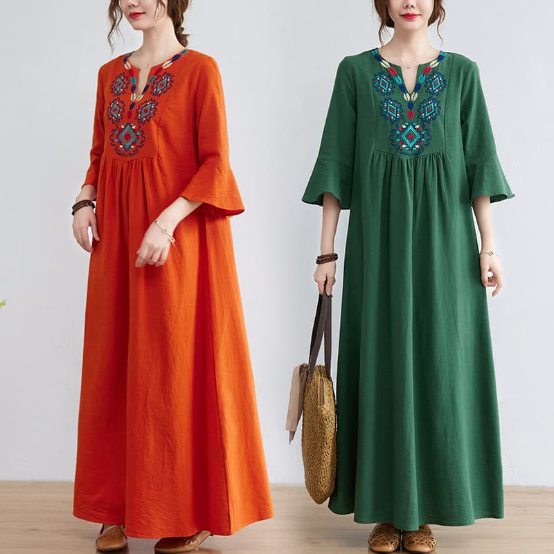 Robe mi-longue décontractée en coton et lin avec motif floral brodé Buddha Stones, col en V, manches trois-quarts - image 20