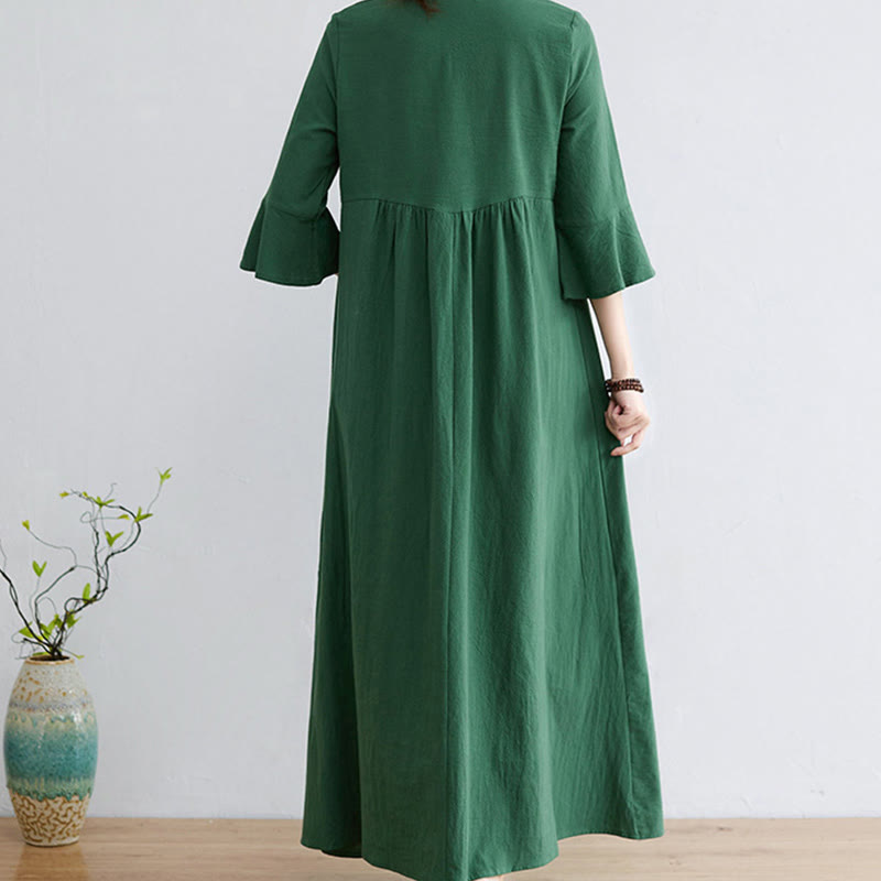 Robe mi-longue décontractée en coton et lin avec motif floral brodé Buddha Stones, col en V, manches trois-quarts - image 15