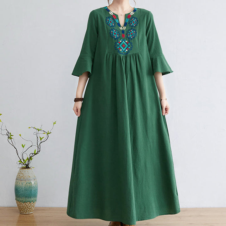 Robe mi-longue décontractée en coton et lin avec motif floral brodé Buddha Stones, col en V, manches trois-quarts - Vert - US8-10，UK/AU12-14，EU40-42 (2XL) - image 14