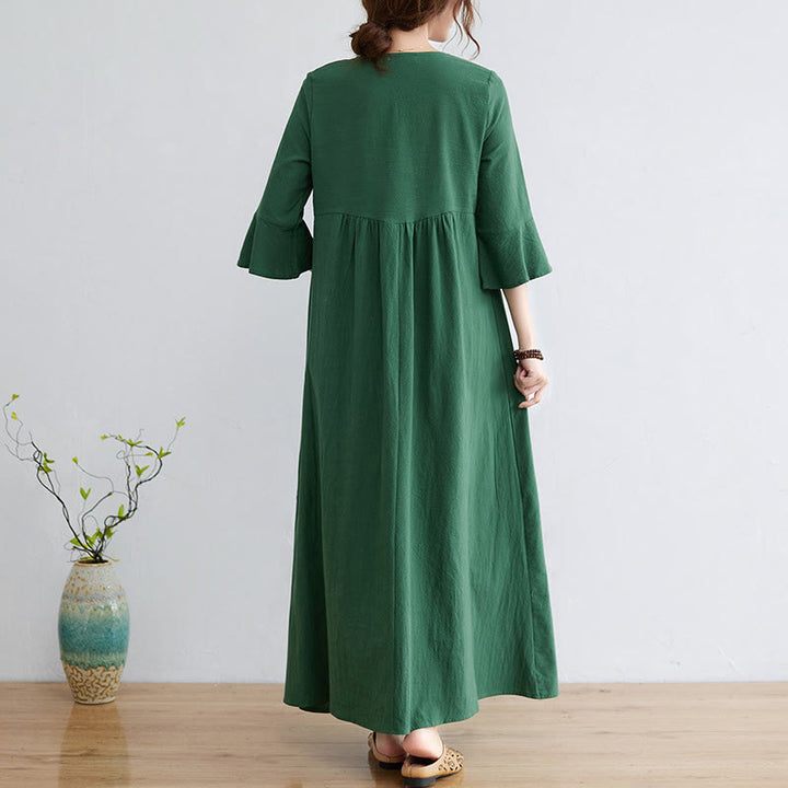 Robe mi-longue décontractée en coton et lin avec motif floral brodé Buddha Stones, col en V, manches trois-quarts - image 16