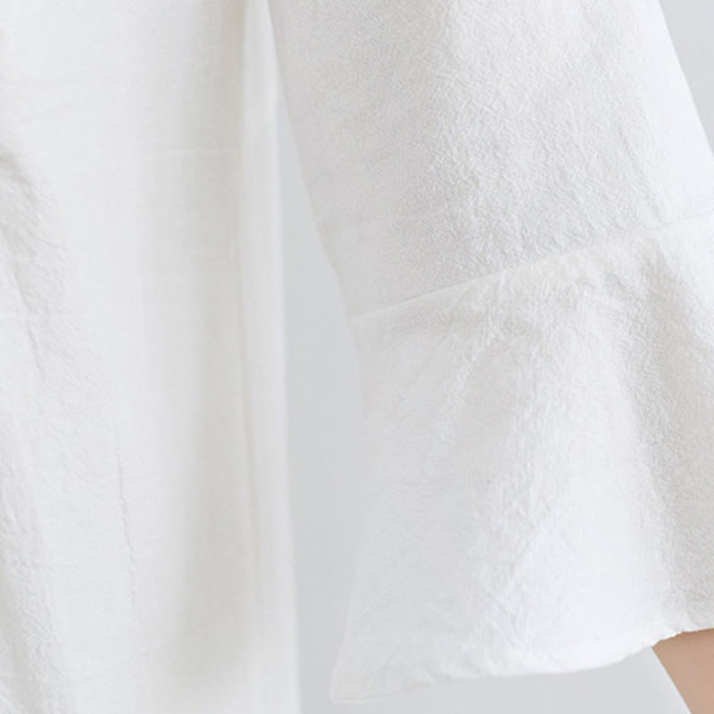 Robe mi-longue décontractée en coton et lin avec motif floral brodé Buddha Stones, col en V, manches trois-quarts - image 8